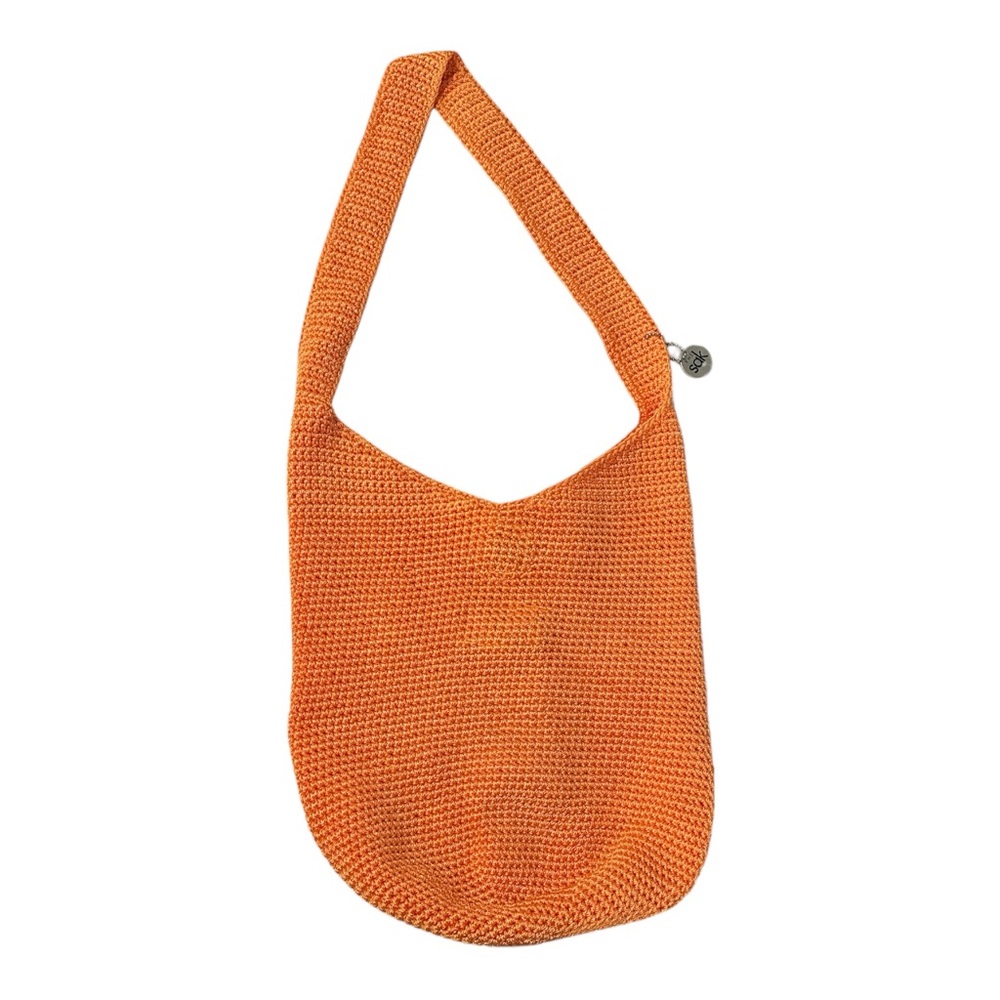 The Sak Crochet Knit Shoulder Bucket Hobo Bag Purse Orange With Charm EUC